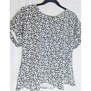 Melloday Navy White Floral Blouse M Zip Back‎ Short Sleeve Boho Cottagecore